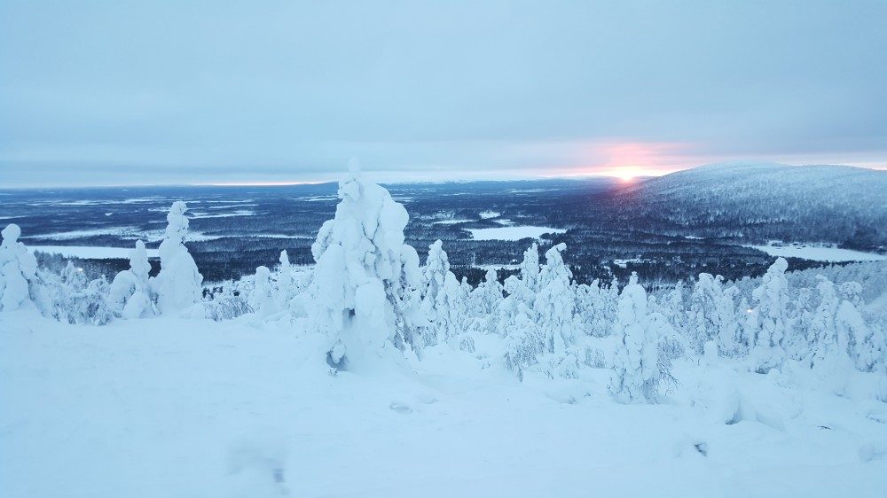 Sunset in snow-covered Lapland.