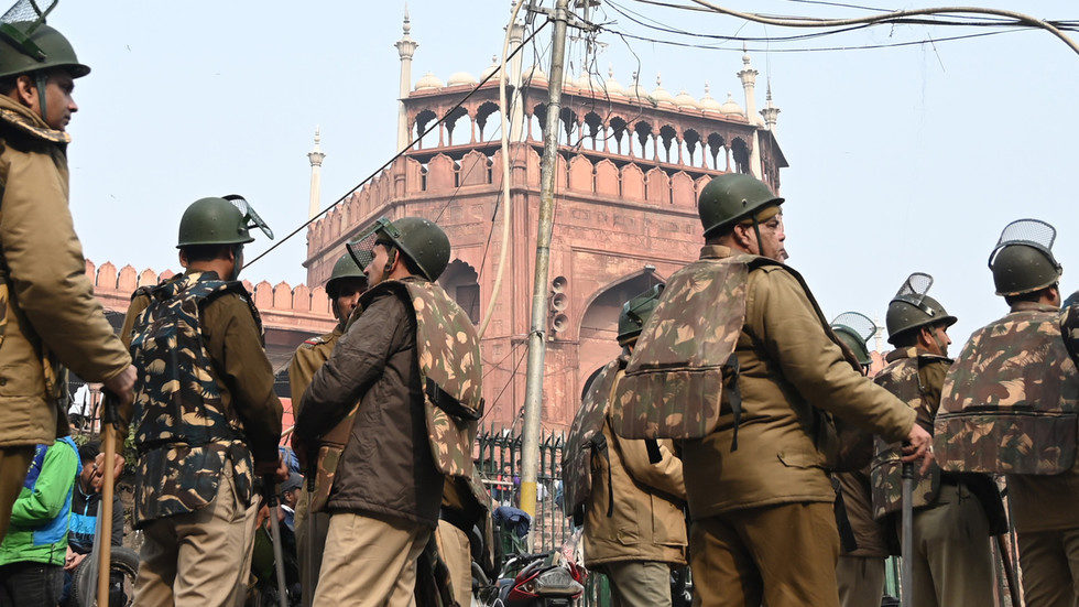 Police near the Jama Masjid mosque in New Delhi