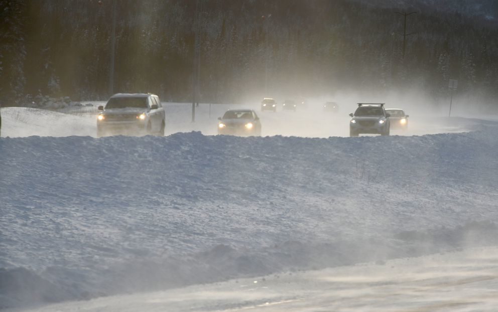 Click to enlarge Driving on the Glenn Highway after the New Years snow was challenging due to slick roads and blowing snow.