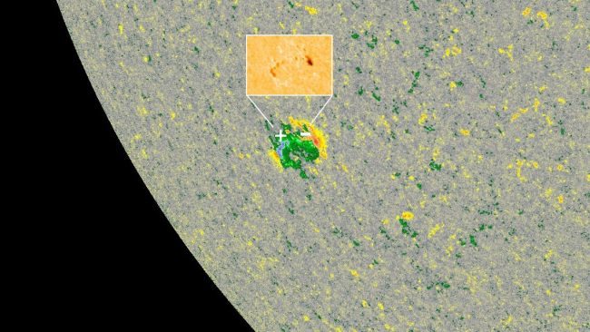 A close-up of one of the new sunspot regions on the sun — one of the first seen after a string of 40 