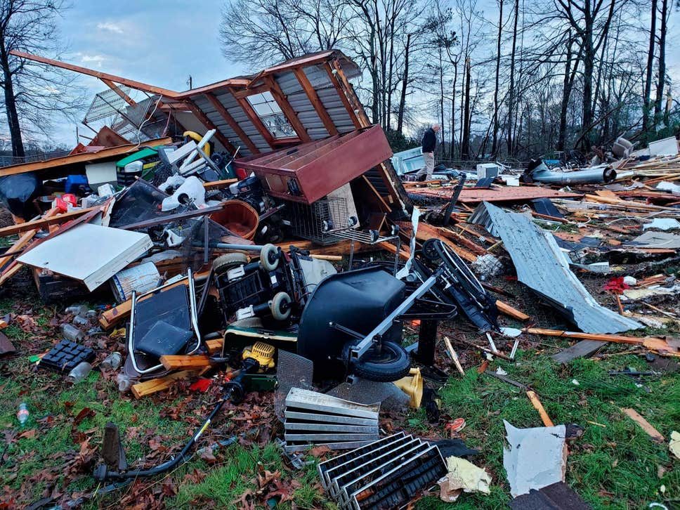 The trailer home of an elderly couple in Louisiana was demolished in high winds