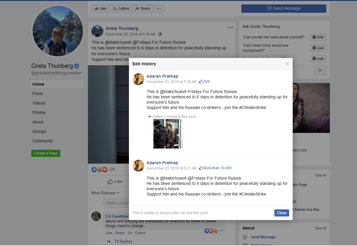 Click to enlarge Svante Thunberg posting as Greta Thunberg