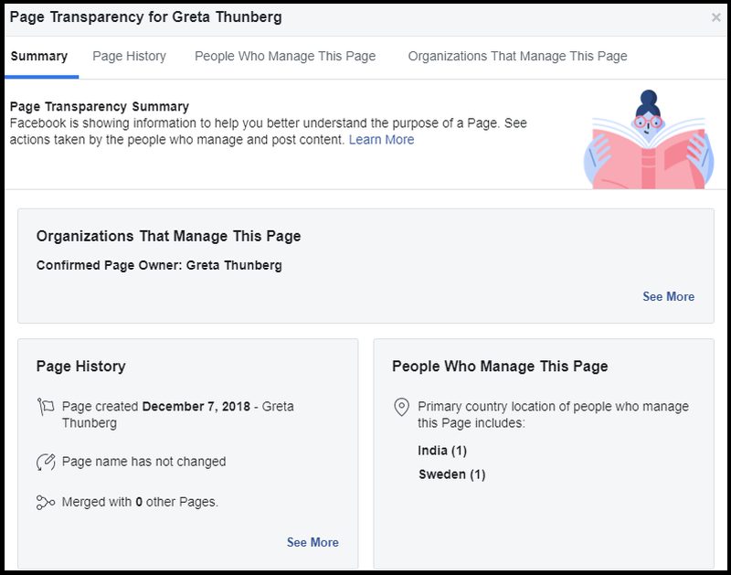 Greta Thunberg Facebook transparency page