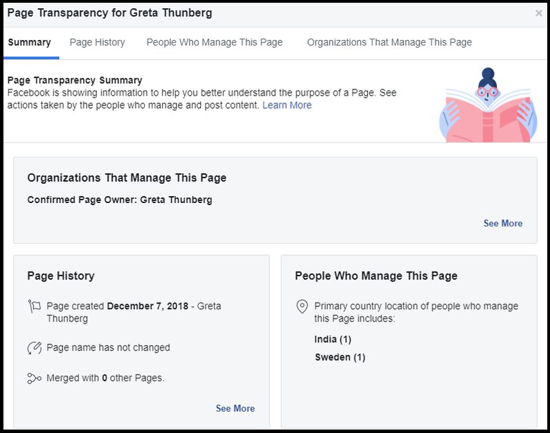 Click to enlarge Greta Thunberg Facebook transparency page