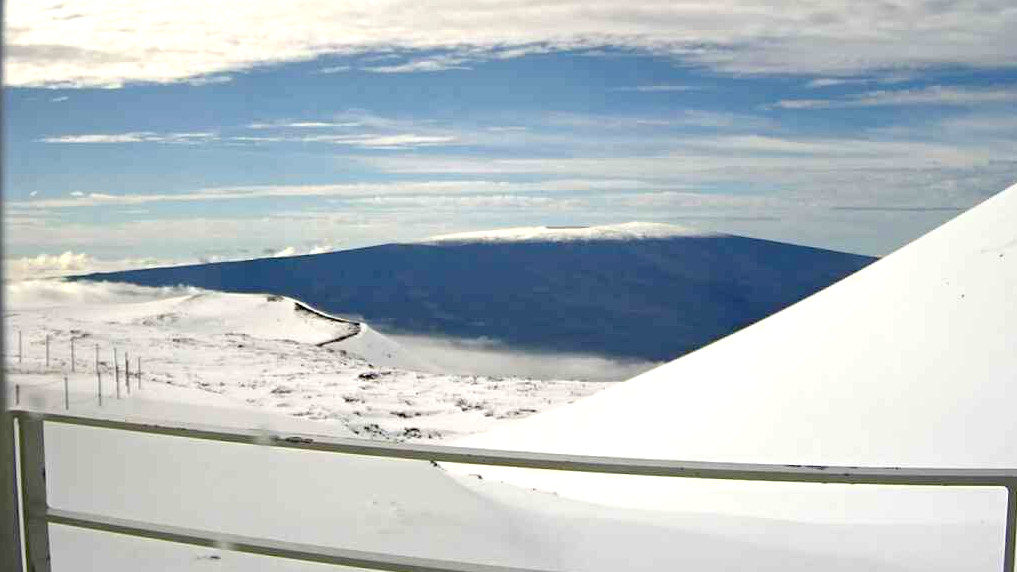 View looking south sky to Mauna Loa, also capped with snow. Camera is located in the Smithsonian Astrophysical Observatory's Submillimeter Array on Mauna Kea.