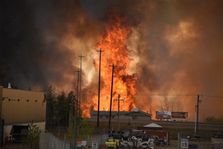 Flames explode in an industrial area south of Fort McMurray, Alberta, in May 201