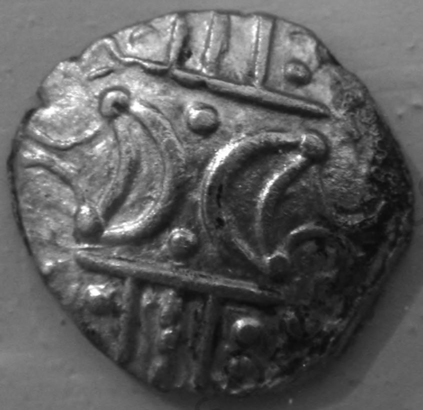 British Iron-Age coin showing back-to-back crescent moons