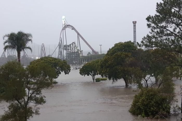 Click to enlarge Movie World Carpark flooded, with cars submerged up to the roof PHOTO: Torrential rain left the Movie World car park at Oxenford underwater early on Saturday morning.