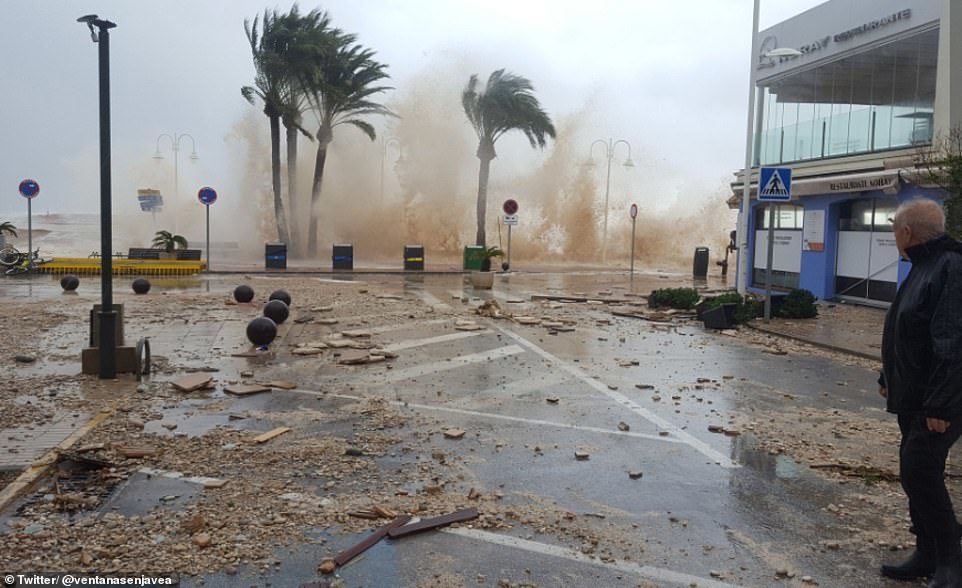 Click to enlarge Waves batter the beachfront of the coastal town of Javea, Alicante, as Storm Gloria sweeps in from the Mediterranean
