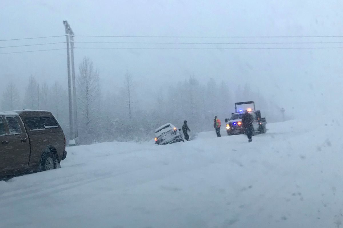 A car went off the road near Mile 78 of the Seward Highway south of the Portage turnoff on Monday, Jan. 27, 2020.
