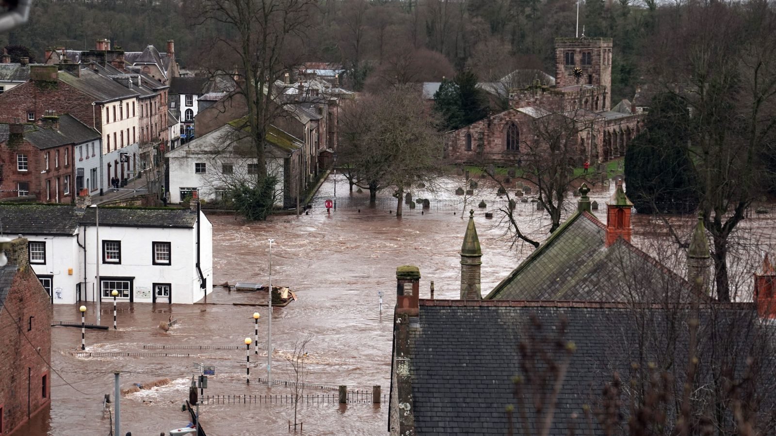 Flooded streets in Appleby-in-Westmorland, Cumbria, in the wake of Storm Ciara