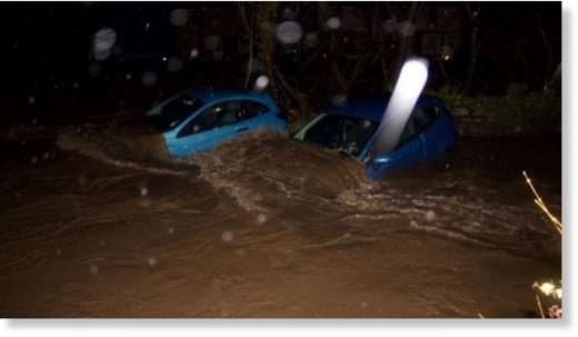 Cars were submerged in flood water in Pontypridd