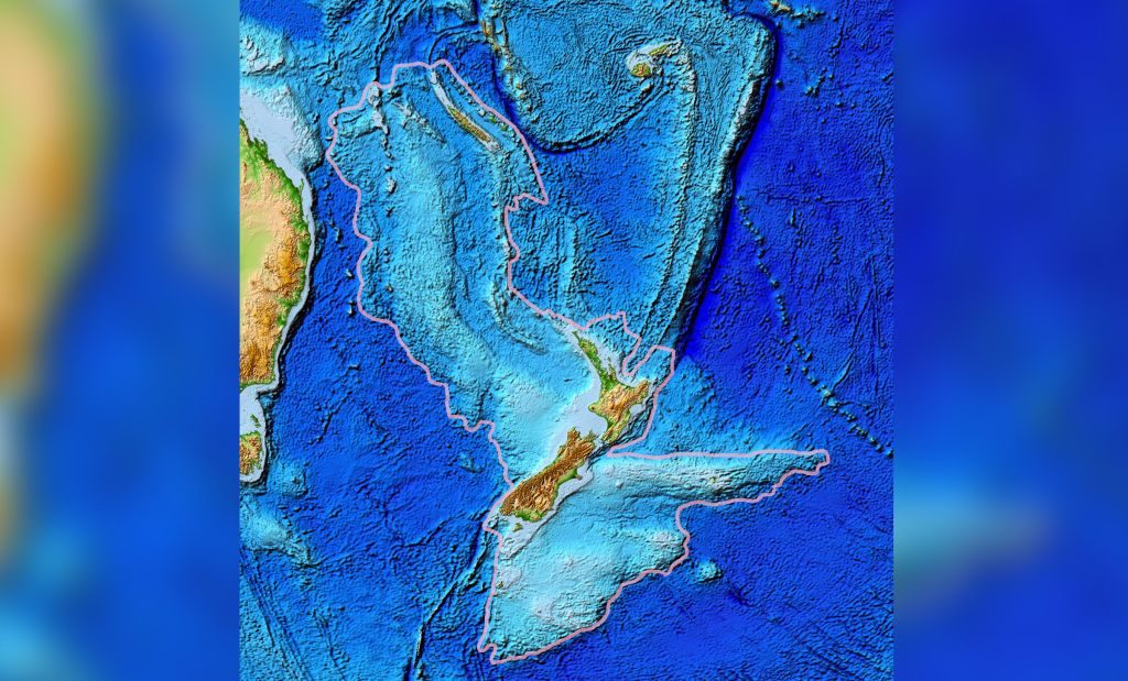 A topographic map of Zealandia, a sunken continent that includes New Zealand.