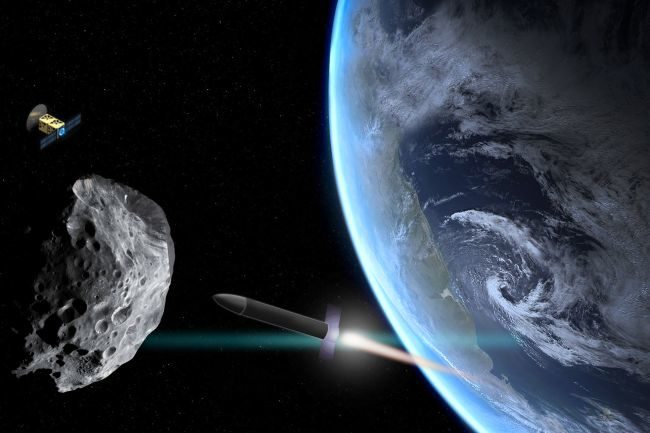 rocket approaching an asteroid