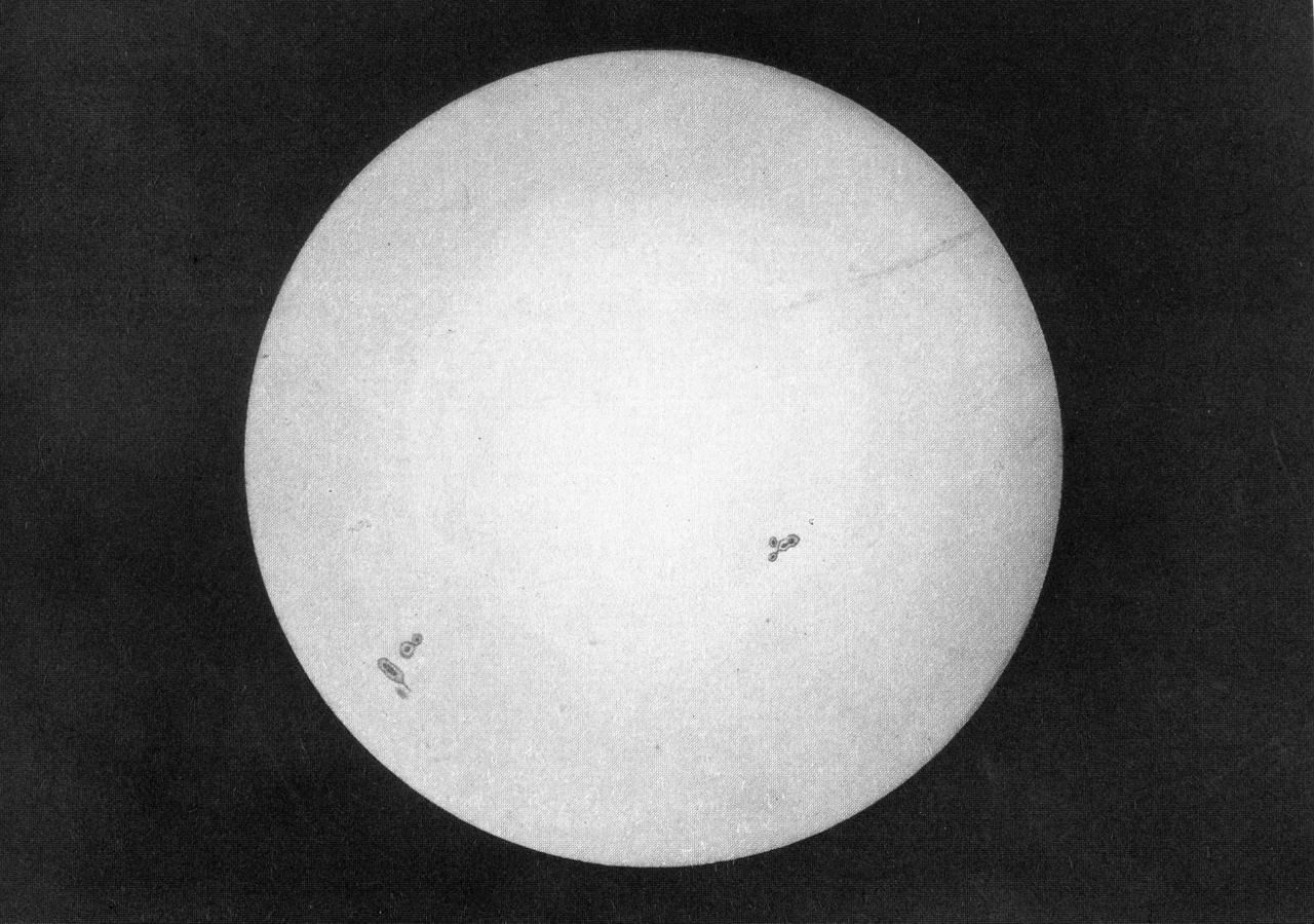 The first surviving photo of the sun, taken by French physicists Armand Hippolyte Louis Fizeau and Jean Bernard Leon Foucault in 1845, shows a few sunspots.