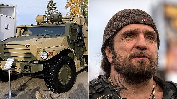 (L) VPK-39272 Volk armored vehicle (R) Night Wolves President Alexander Zaldostanov (aka, the Surgeon)