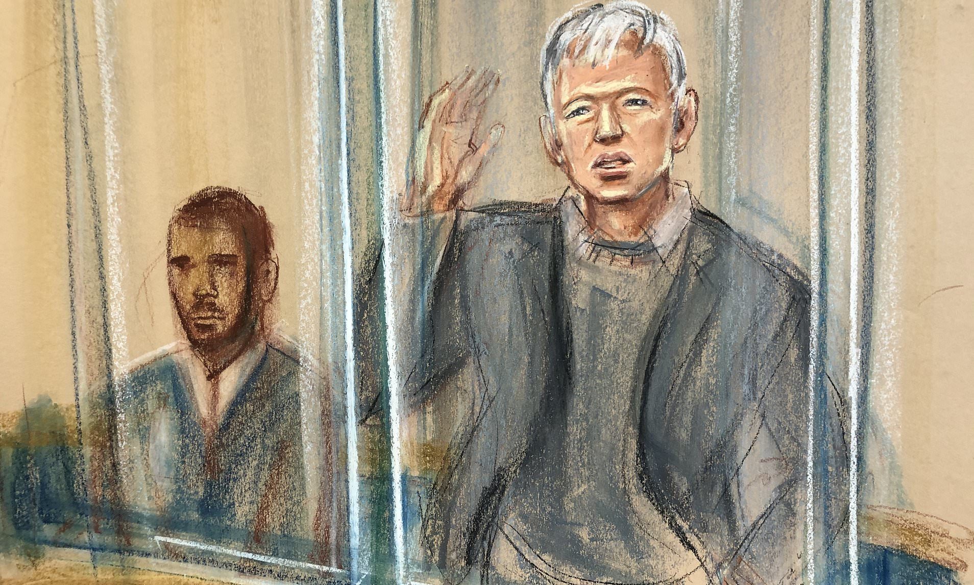 Click to enlarge assange glass box court sketch