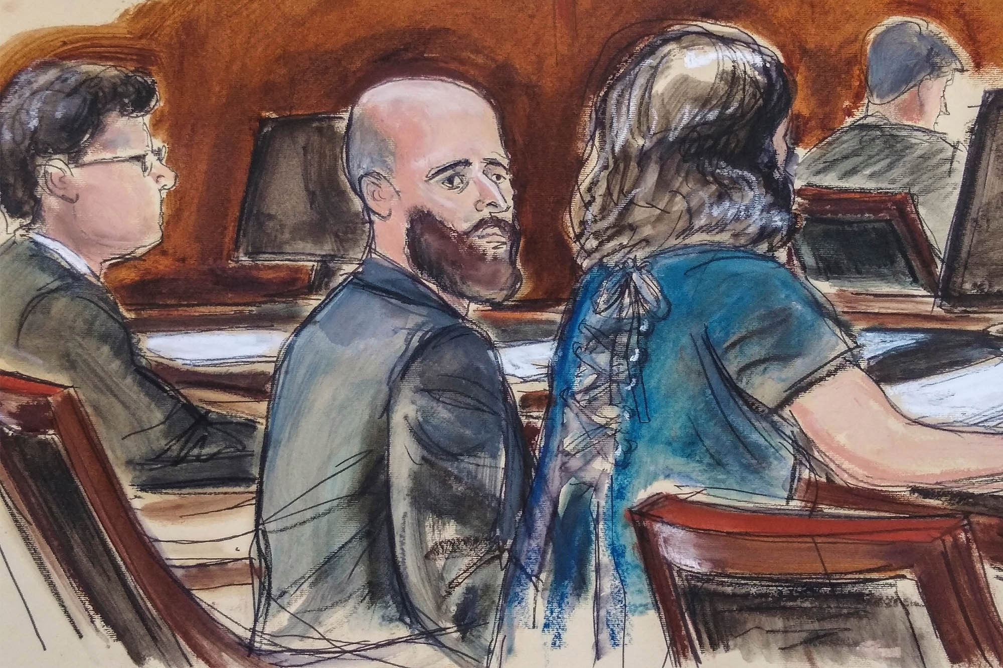 Click to enlarge A courtroom sketch of Joshua Schulte.