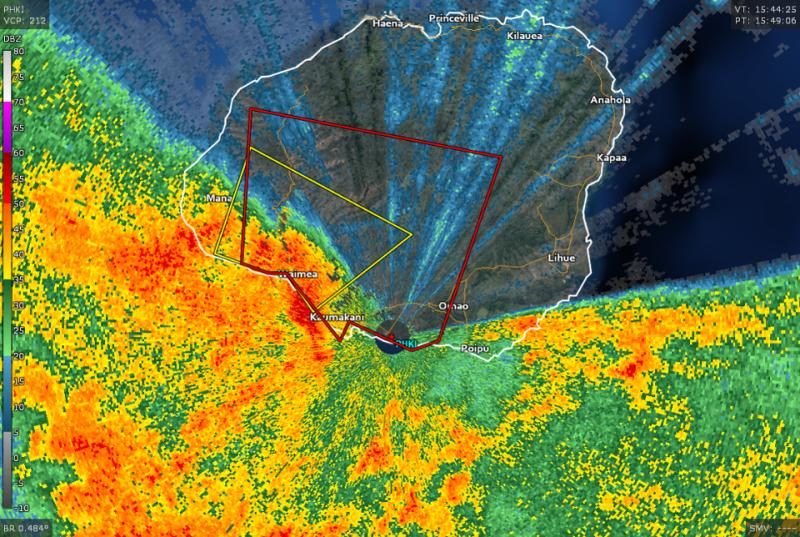 Click to enlarge A radar image showing a tornado-warned storm moving into Kauai, HI