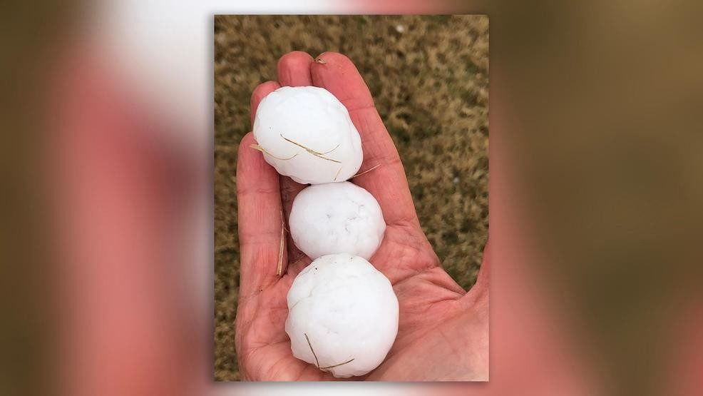 Large hail is seen Friday, March 27, 2020, at Grand Lake, Okla.