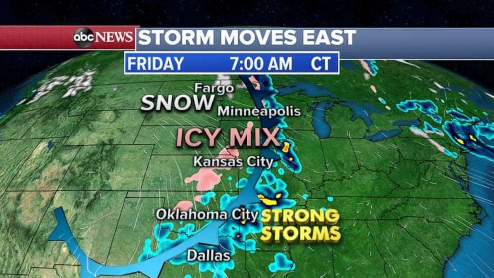 Seven states from Minnesota to Kansas are under ice and snow alerts Friday morning.