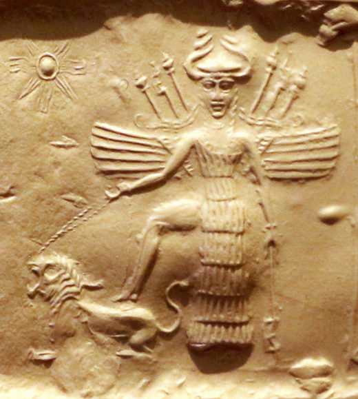 Click to enlarge Innana on an Akkadian seal. She is equipped with 7 spears, a horned helmet and a 7 segments dress