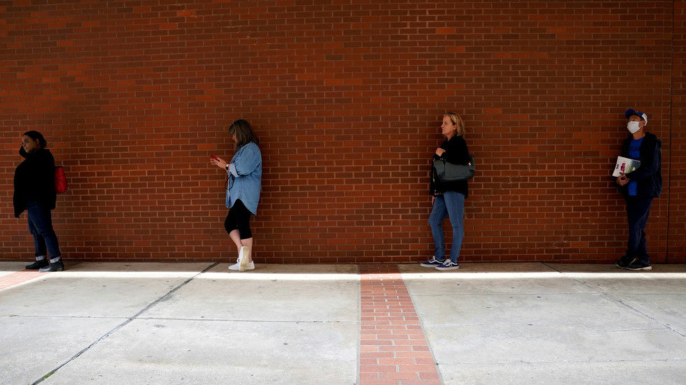 Click to enlarge unemployment line, social distancing