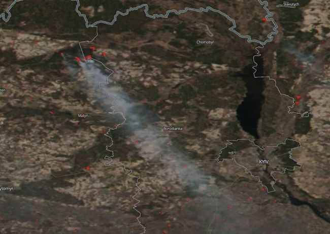 A wildfire burning in the Chernobyl Exclusion Zone, as imaged on April 5, 2020, by the NOAA-NASA Suomi NPP satellite