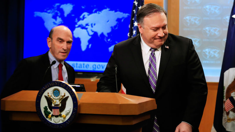 Click to enlarge Mike Pompeo, turns the podium to Elliott Abrams