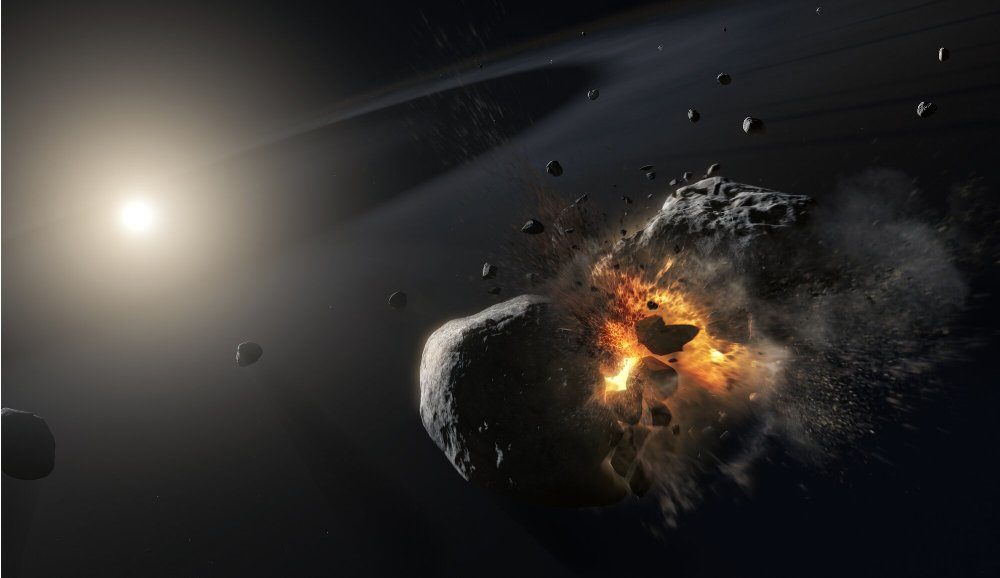 Click to enlarge This artist's illustration depicts the collision of two 125-mile-wide icy, dusty bodies orbiting the bright star Fomalhaut, located 25 light-years away