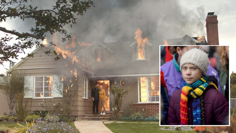 Click to enlarge Greta Thunberg, burning house