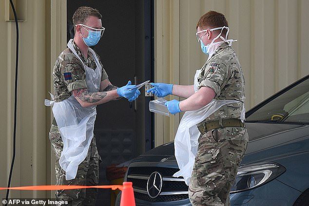 Click to enlarge Soldiers in face masks, gloves