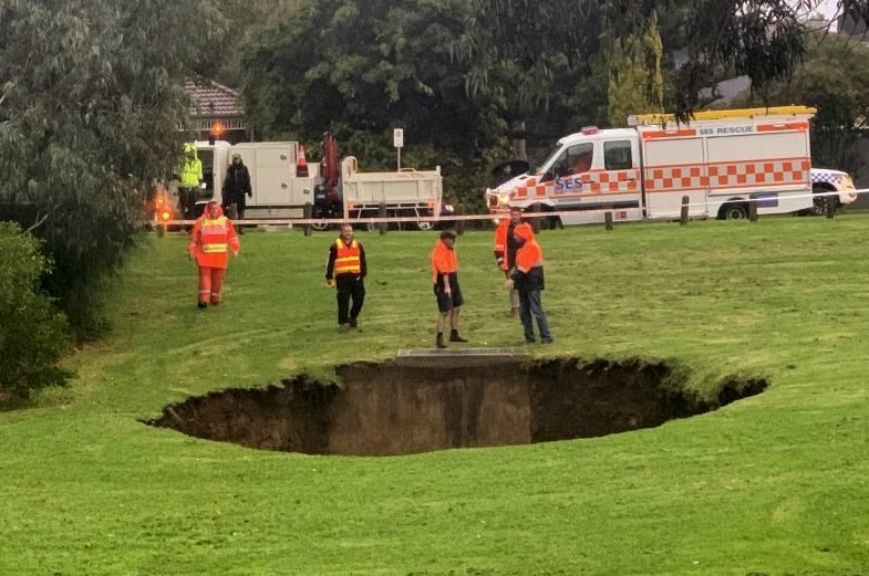 Police and SES were on the scene to keep people away from the sinkhole.