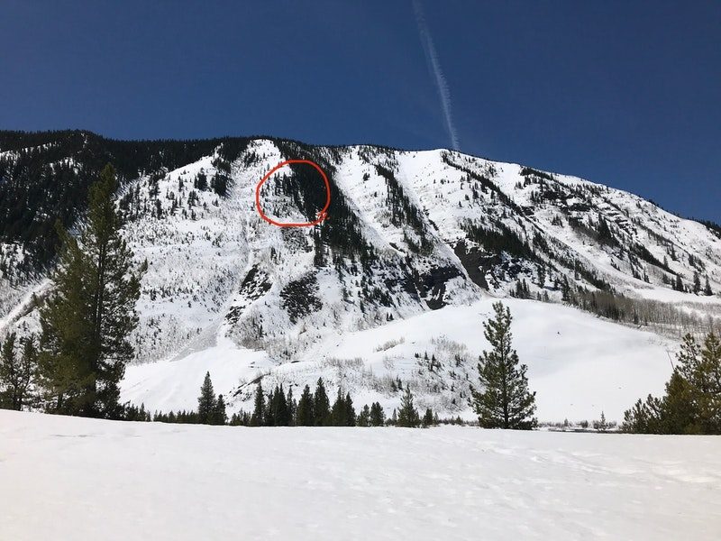 Climax Chutes area of Mount Emmons, near Crested Butte. The approximate location of the avalanche accident is circled in red.