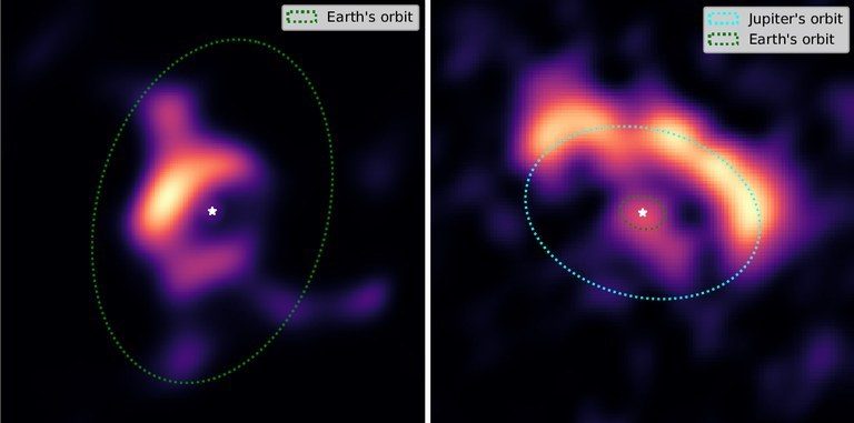 Click to enlarge The protoplanetary disks around the R CrA (left) and HD45677 (right) stars.