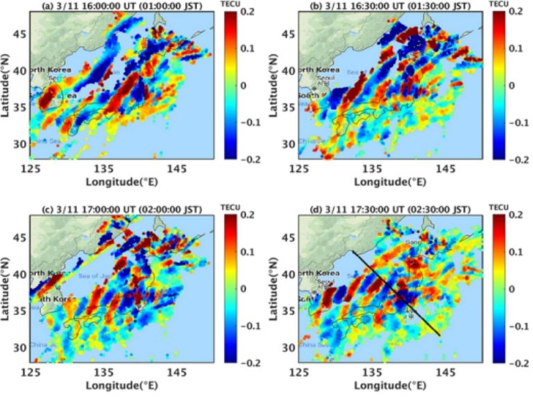 Click to enlarge Ionospheric disturbances over Japan on March 11, 2011.
