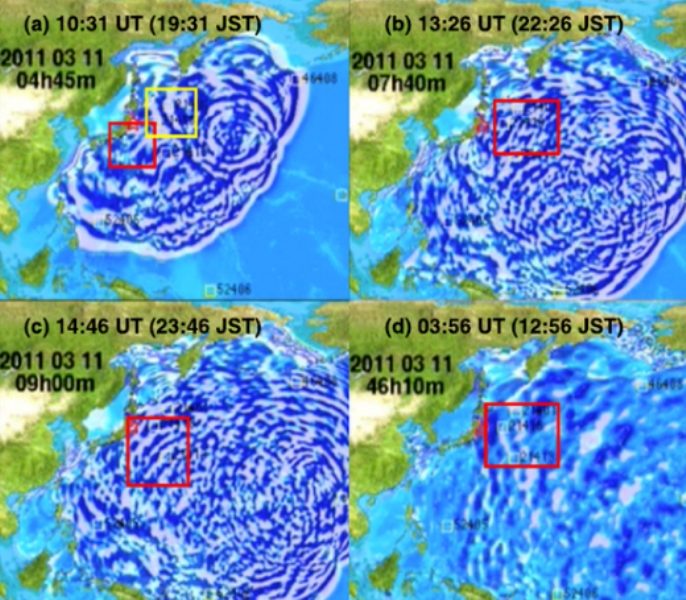 Click to enlarge Tsunami waves reflected from sea floor topography on March 11-13, 2011.