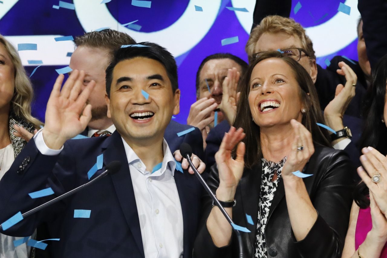 Click to enlarge Zoom CEO Eric Yuan, left, and Adena Friedman, President and CEO of Nasdaq