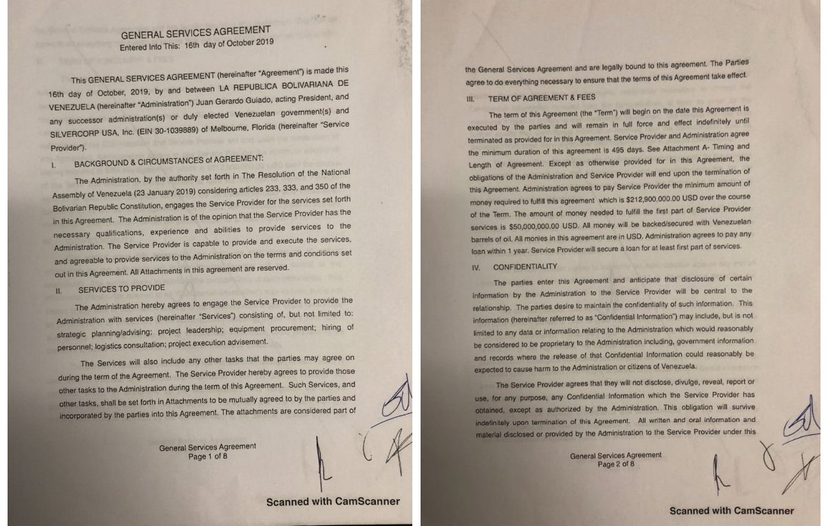 Click to enlarge Guaido Silvercorp coup agreement mercenaries