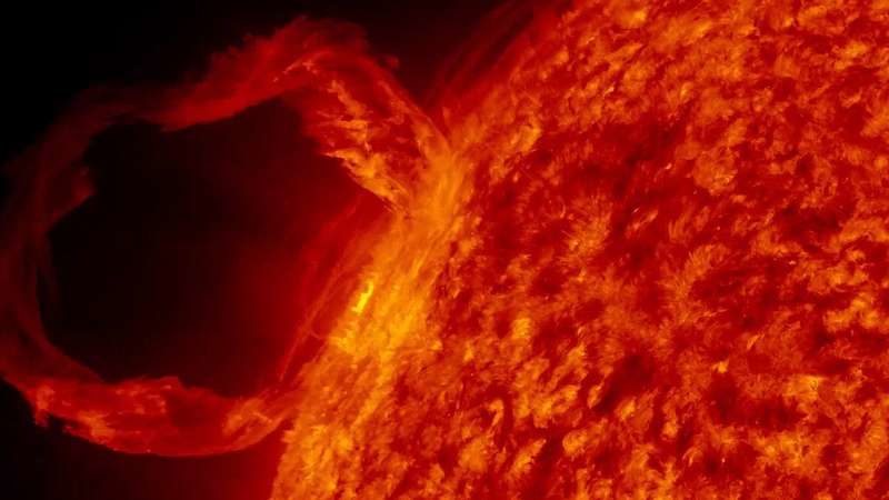 solar prominence An erupting solar prominence observed by the Solar Dynamics Observatory satellite on March 30, 2010.