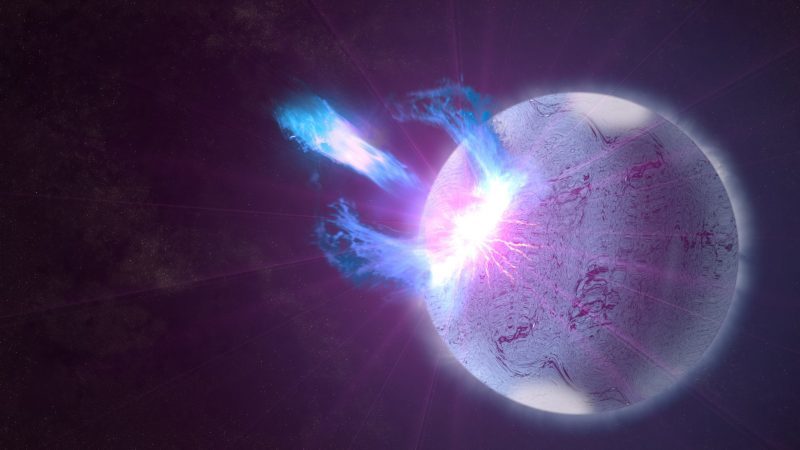 Artist’s concept of an eruption on a magnetar. The Fast Radio Burst detected in our galaxy may be associated with these sorts of eruptions.