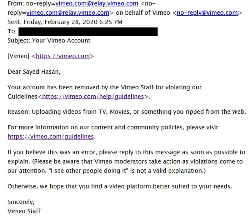 Click to enlarge vimeo ban notice