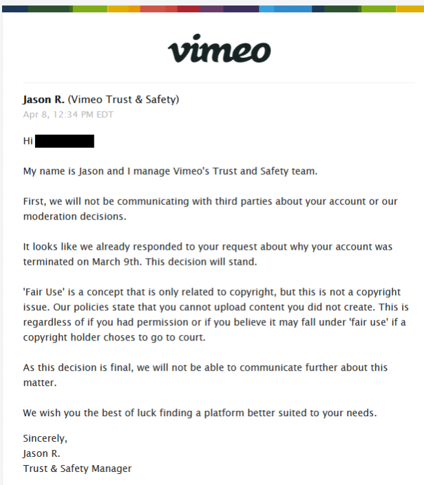 vimeo ban