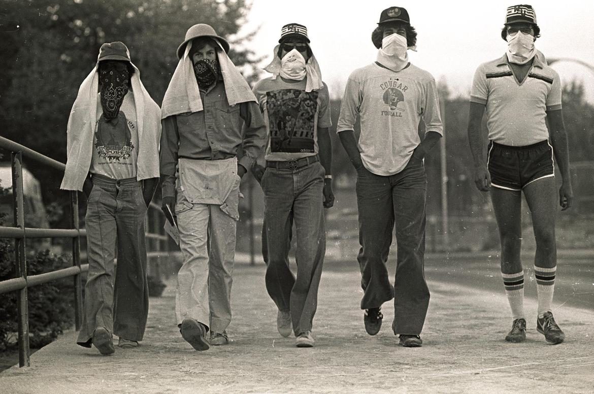 Click to enlarge People wore masks to protect themselves from the ash from Mt. St. Helens