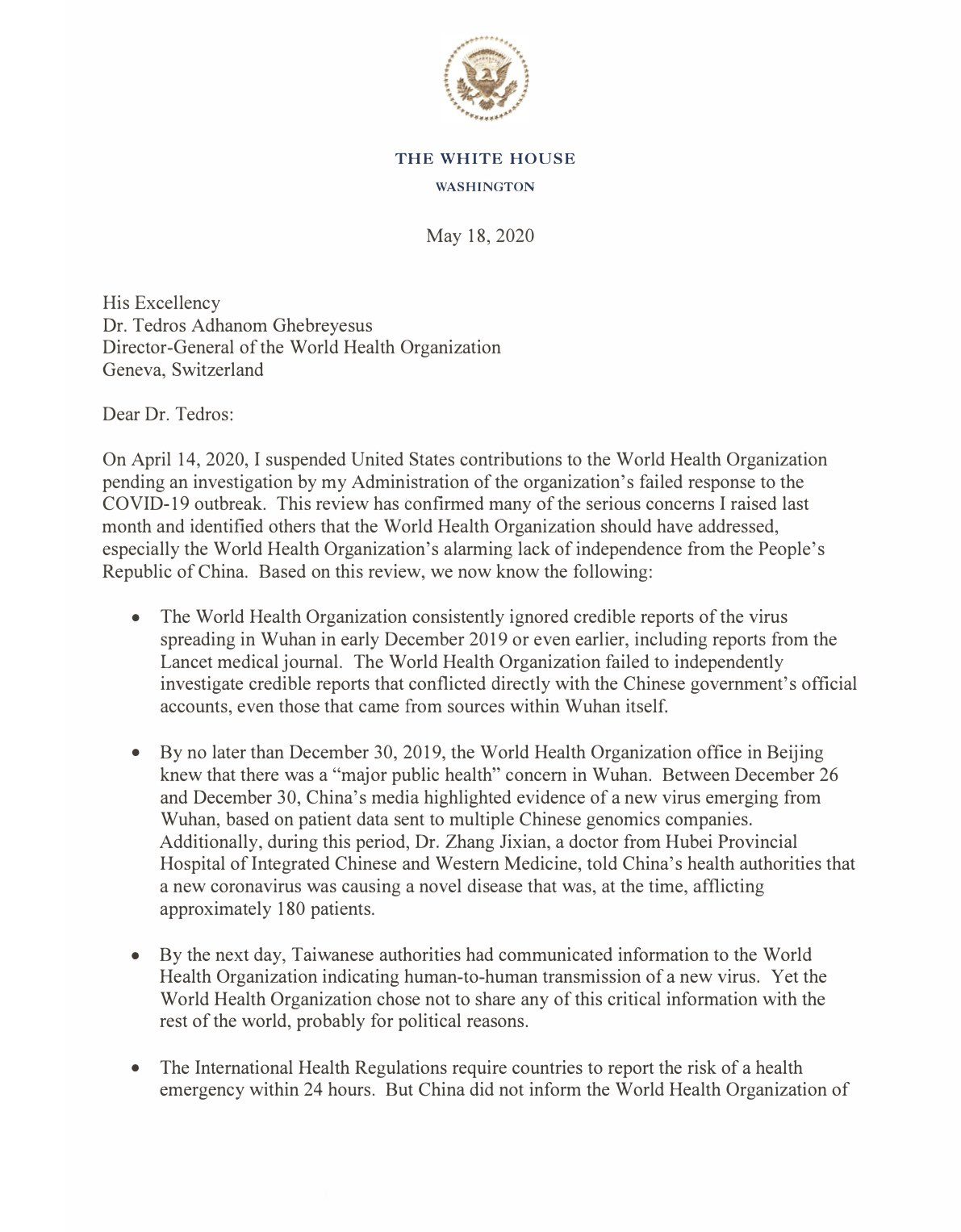 Trump letter to WHO
