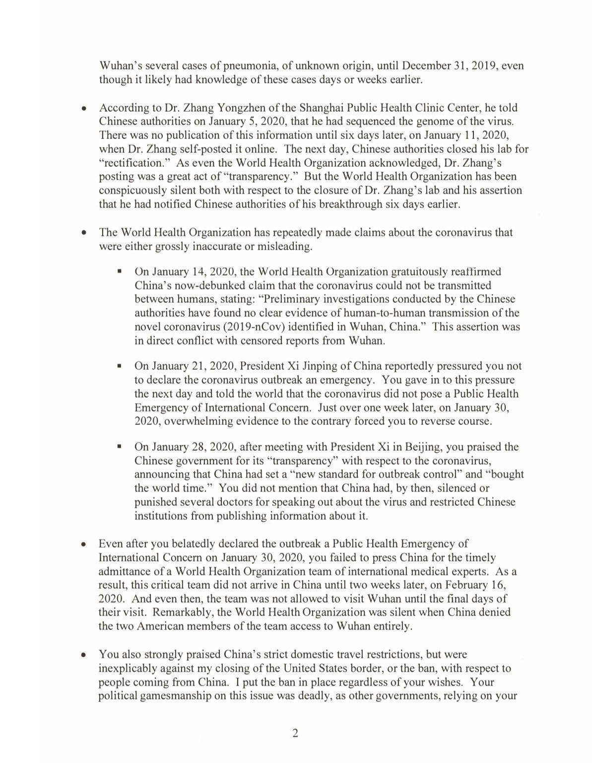 Trump letter to WHO