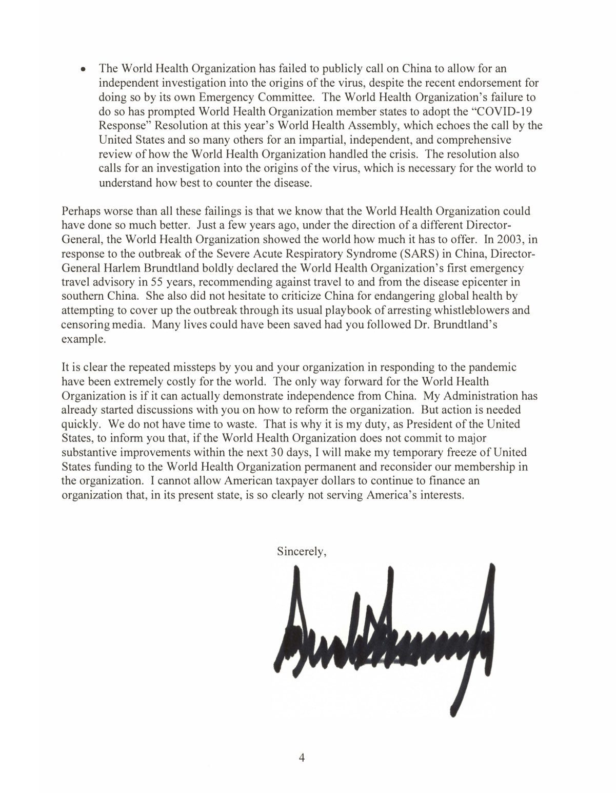 Trump letter to WHO