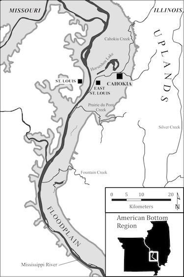 Click to enlarge Location of Cahokia, East St Louis, and St Louis sites in the American Bottom