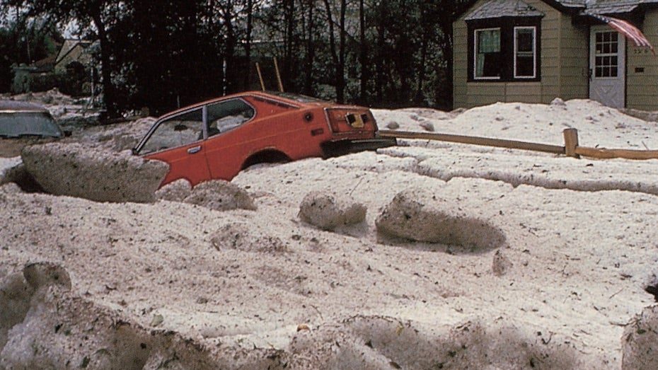 Click to enlarge Hail can accumulate to remarkable depths when a storm becomes stationary over one place for a period of time.
