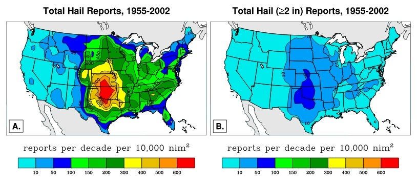 Click to enlarge Maps illustrating the number of total hail